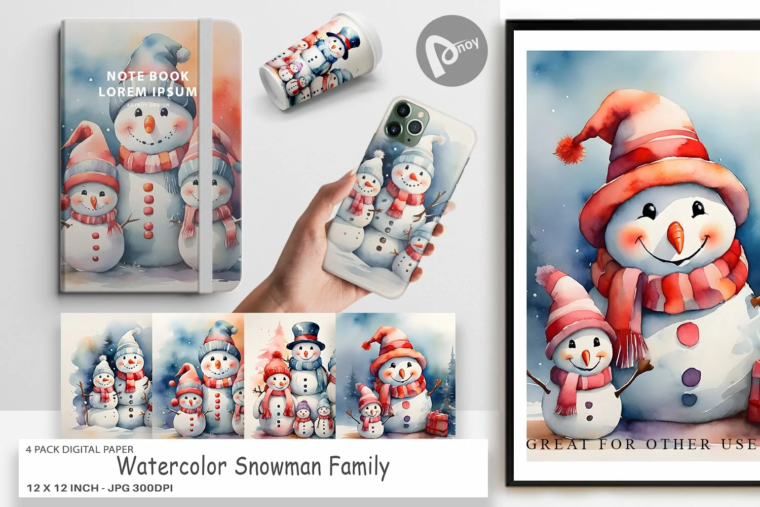Digital Paper Watercolor Snowman Family product image 1