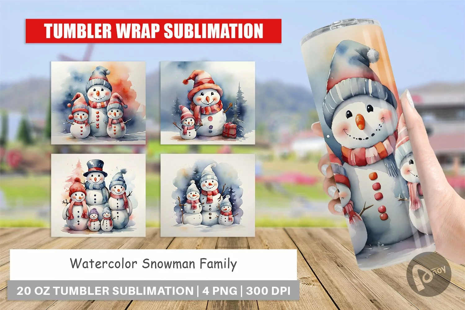 Tumbler Sublimation Wrap Watercolor Snowman Family product image 1