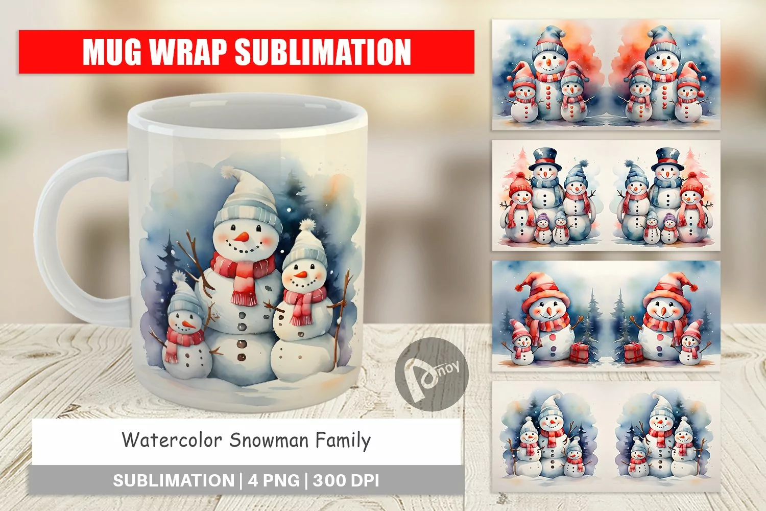 Mug Wrap Design Watercolor Snowman Family product image 1