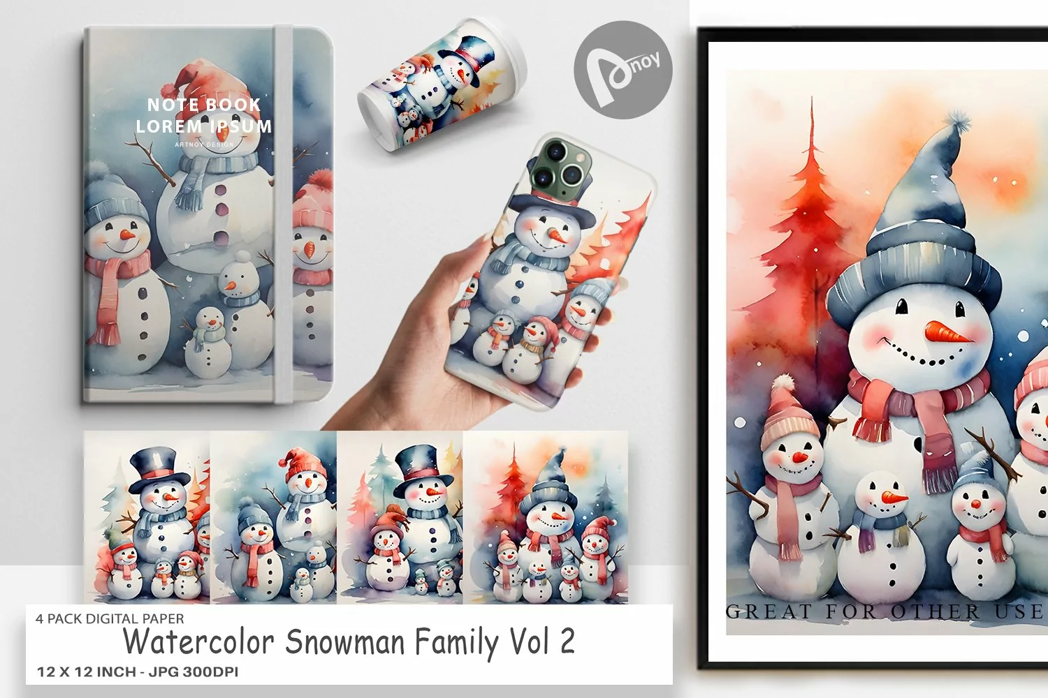 Digital Paper Watercolor Snowman Family product image 1