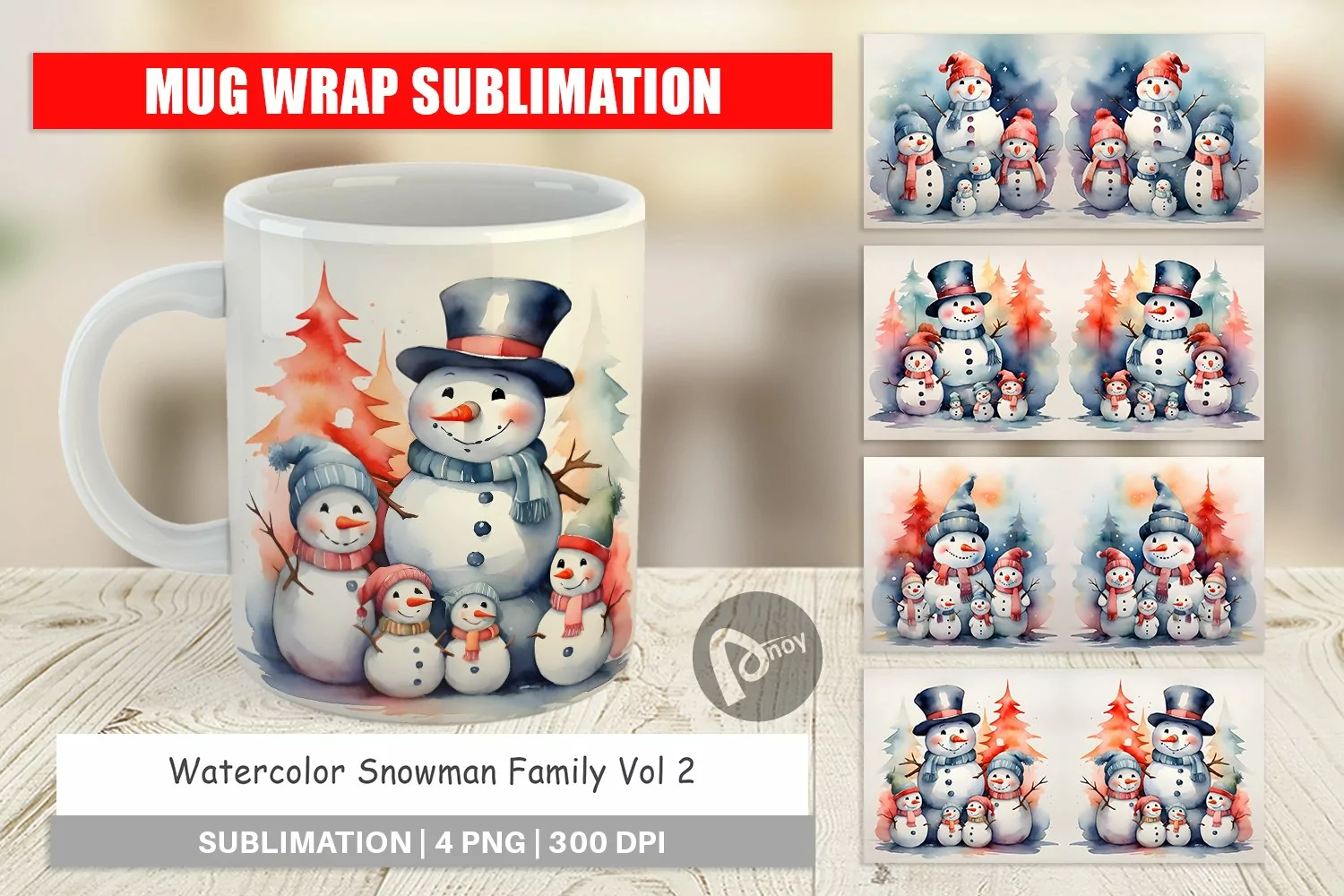 Mug Wrap Design Watercolor Snowman Family product image 1