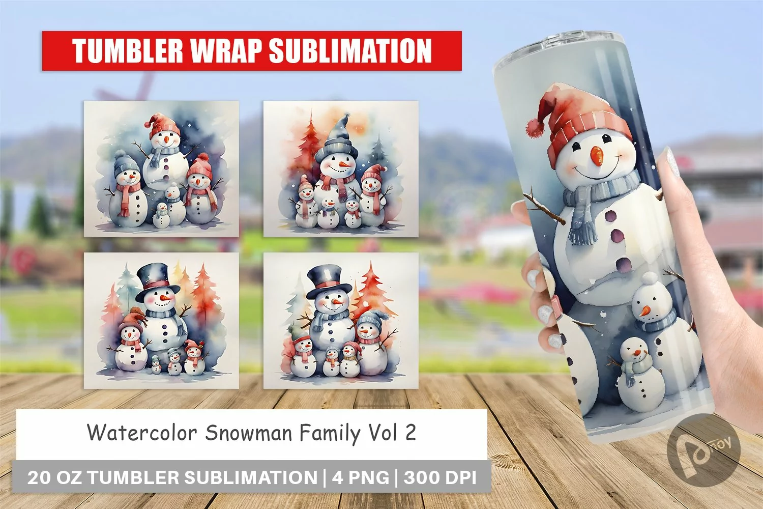 Tumbler Sublimation Wrap Watercolor Snowman Family product image 1