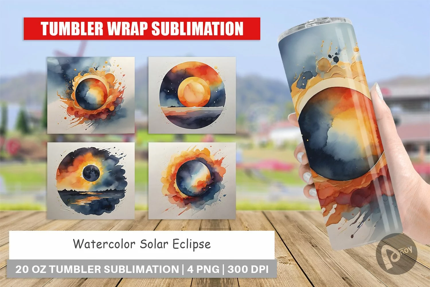 Tumbler Sublimation Wrap Watercolor Solar Eclipse product image 1