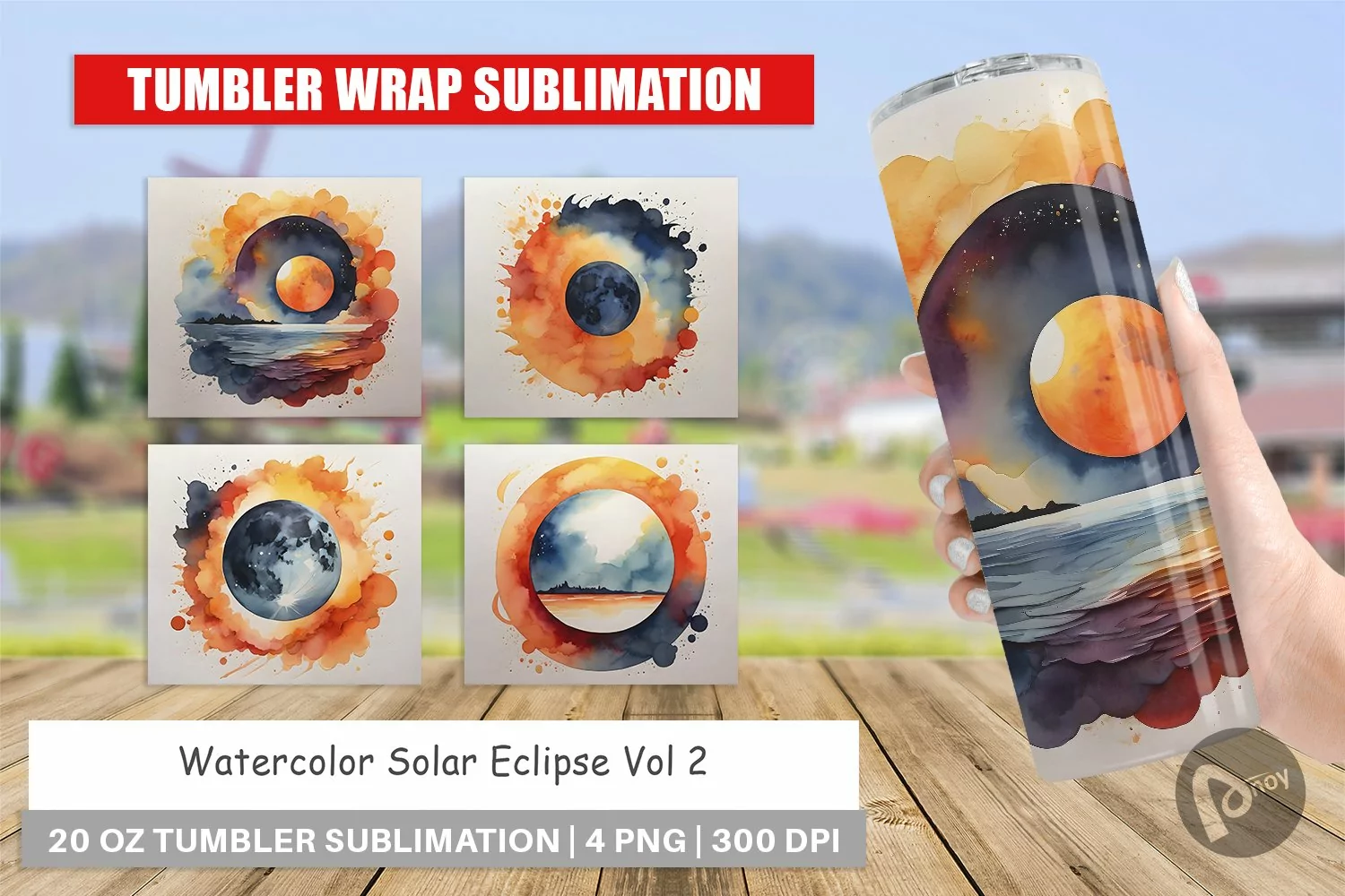 Tumbler Sublimation Wrap Watercolor Solar Eclipse product image 1