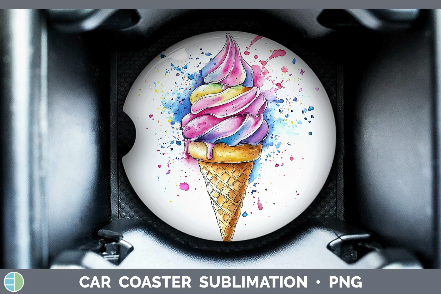 GorgeousWatercolor Splash Toy Car Coaster design.