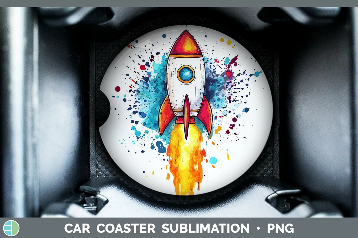 GorgeousWatercolor Splash Toy Car Coaster design.