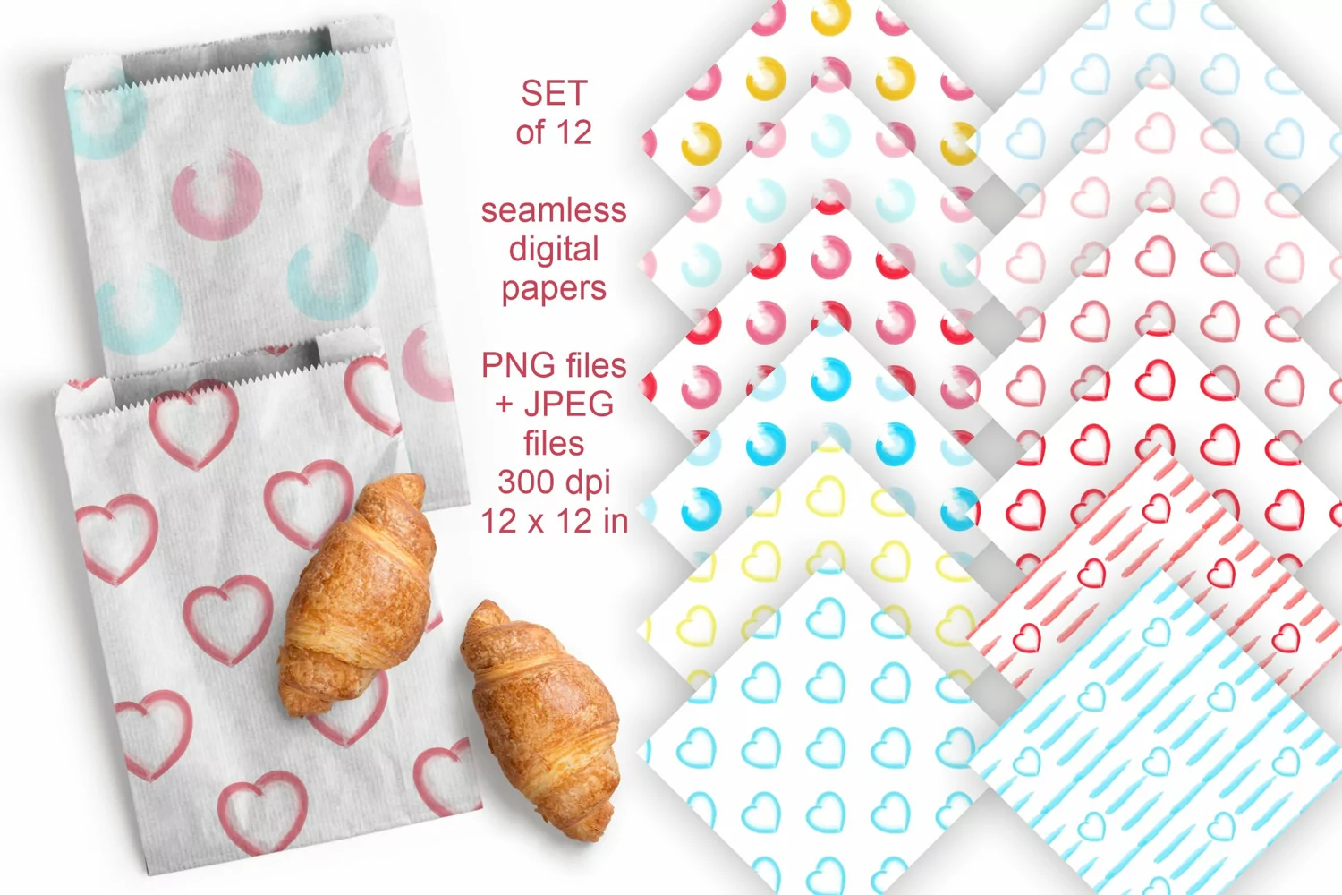 Watercolor Spots n Hearts Seamless Patterned Papers JPG PNG