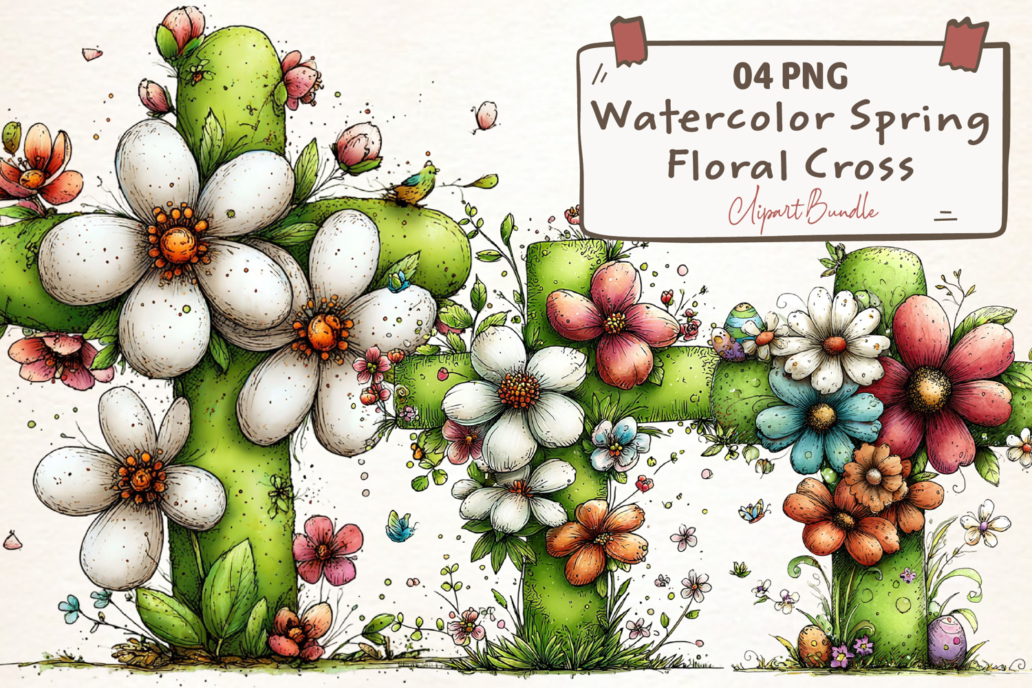 Watercolor Spring Floral Cross Clipart product image 1