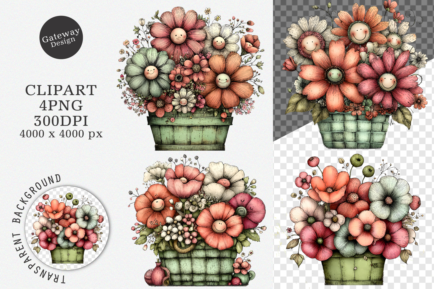 Watercolor spring flower basket clipart - spring flower Png product image 1