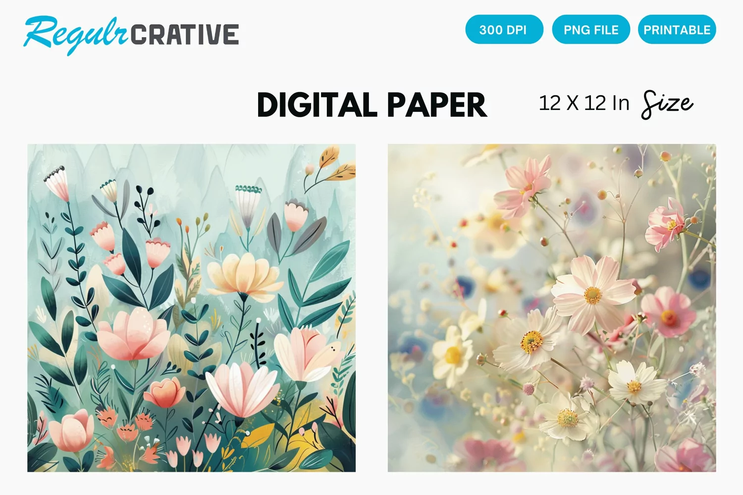 Watercolor Spring Flowers Digital Paper, Floral Background product image 1