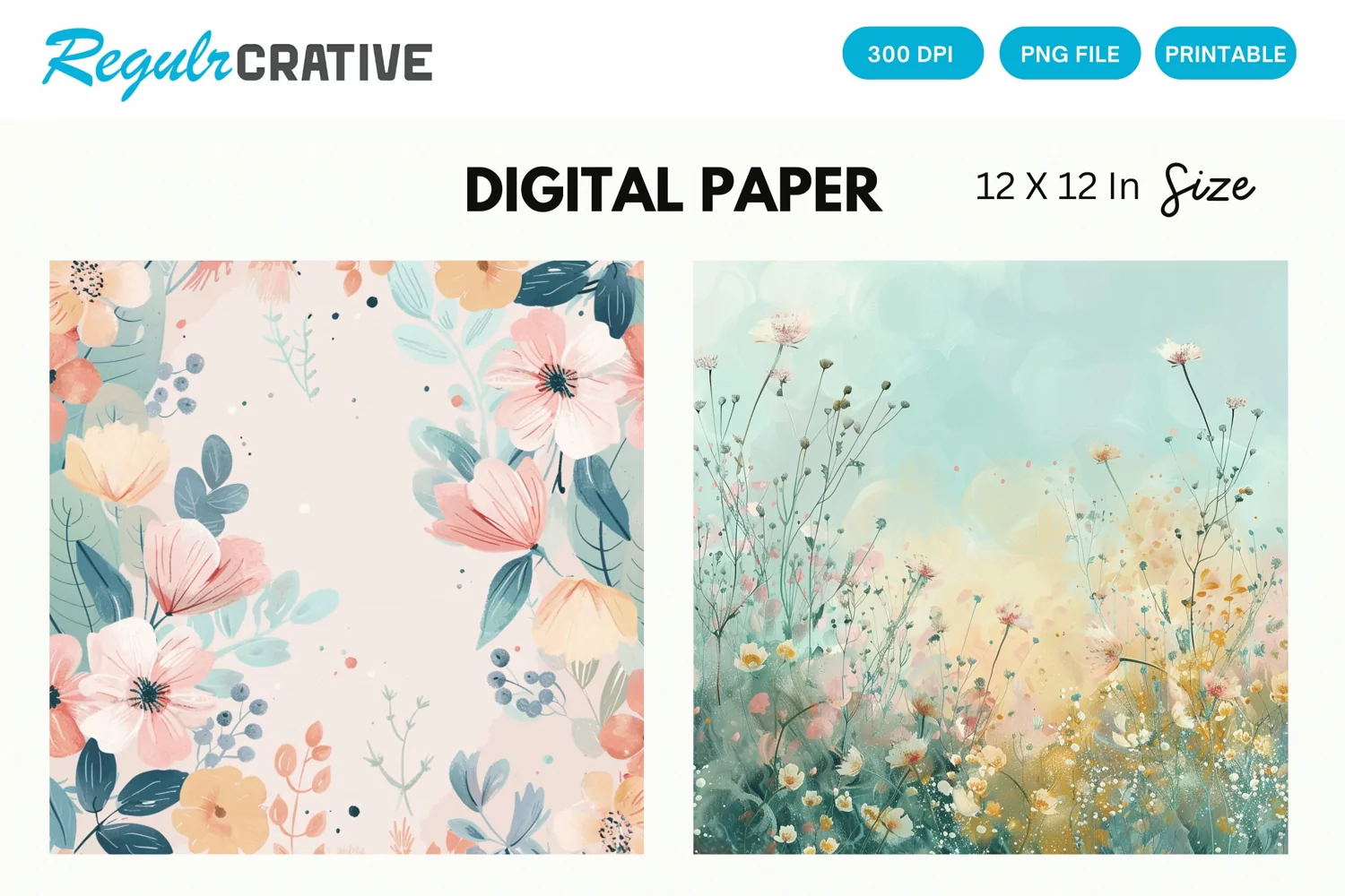 Watercolor Spring Flowers Digital Paper, Floral Background product image 1