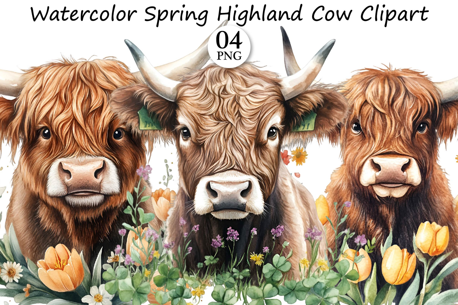 Watercolor Spring Highland Cow Clipart product image 1