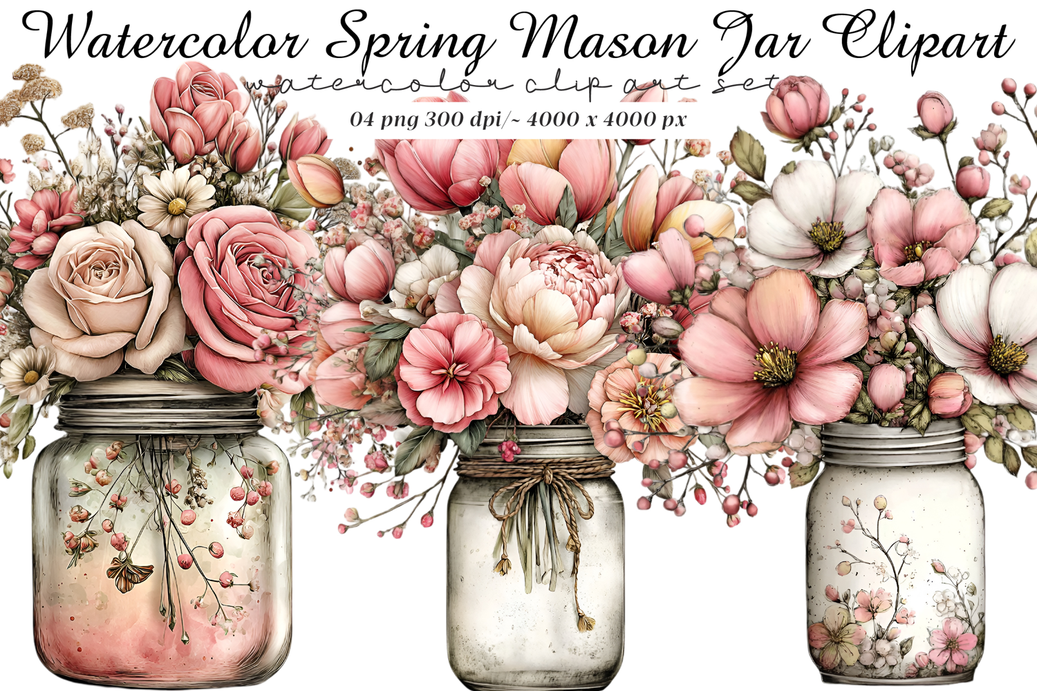 Watercolor spring mason jar clipart product image 1