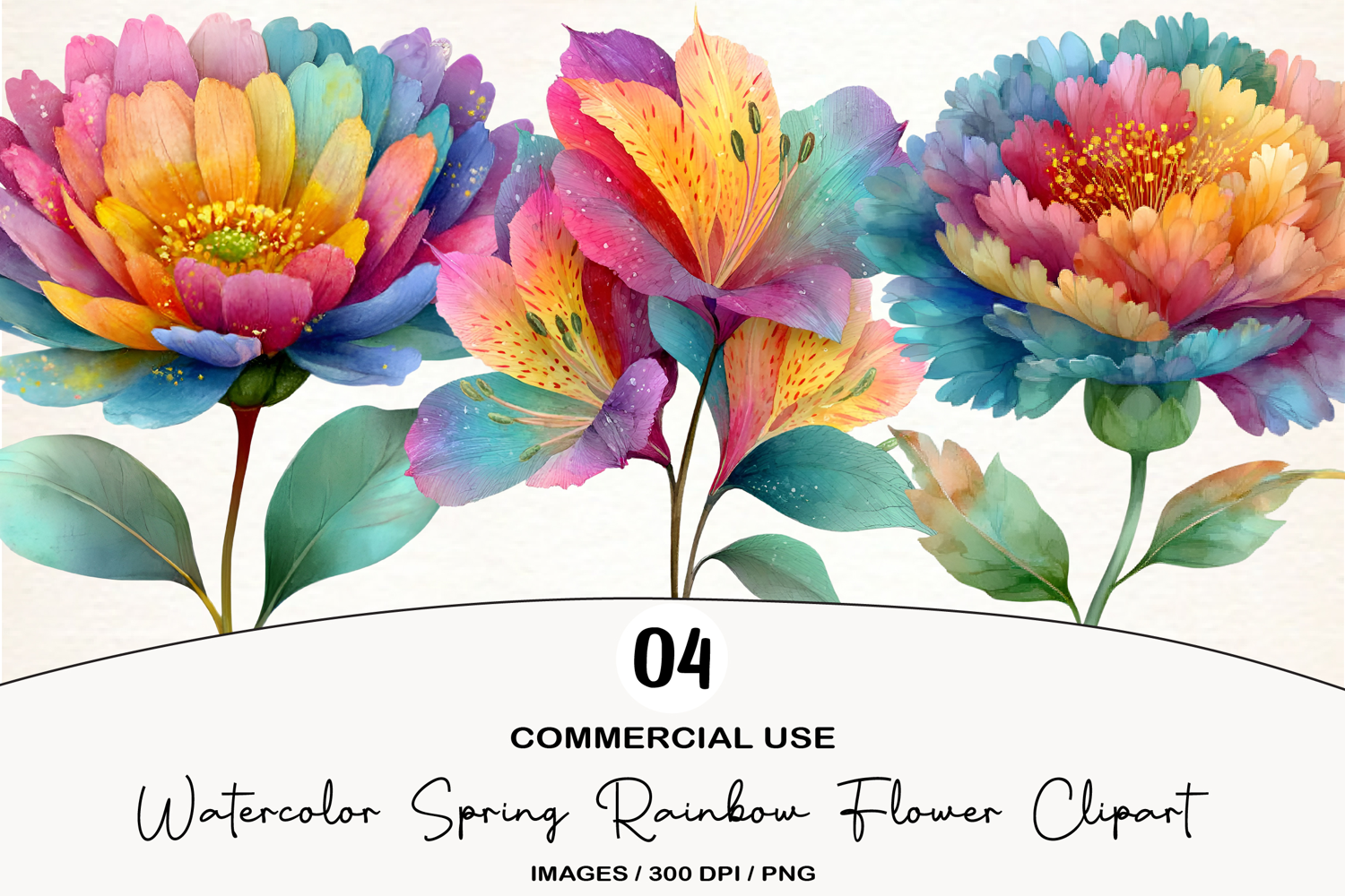 Watercolor Spring Rainbow Flower Clipart product image 1