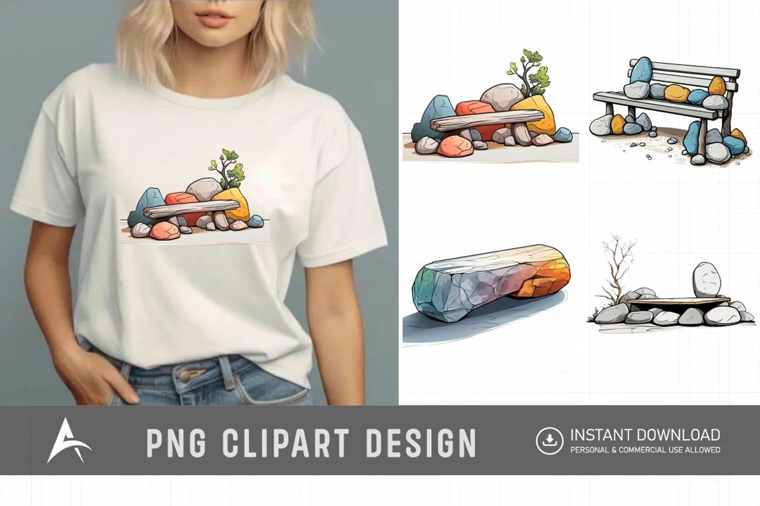 Watercolor Spring Stone Benches Clipart product image 1