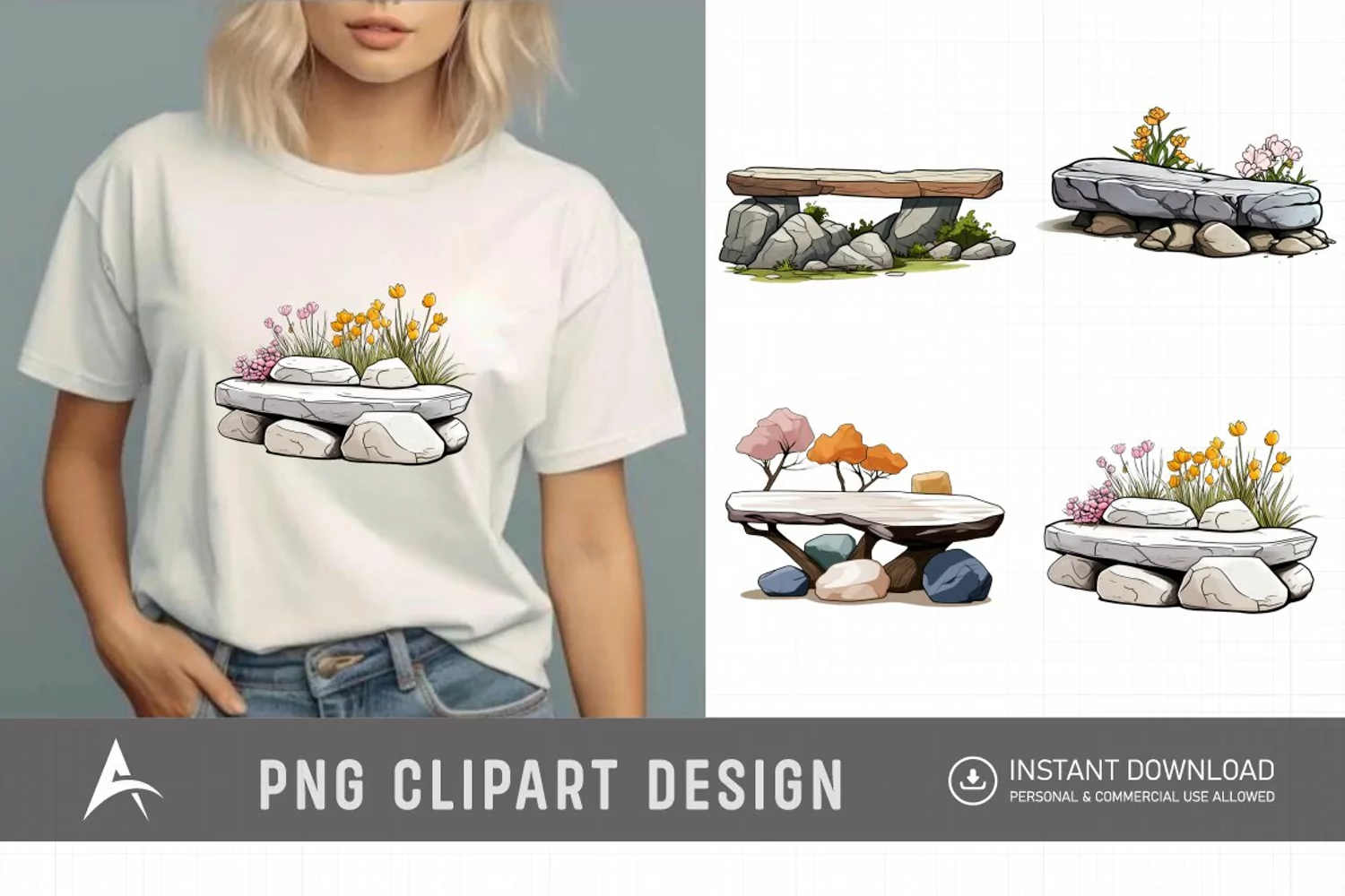 Watercolor Spring Stone Benches Clipart product image 1