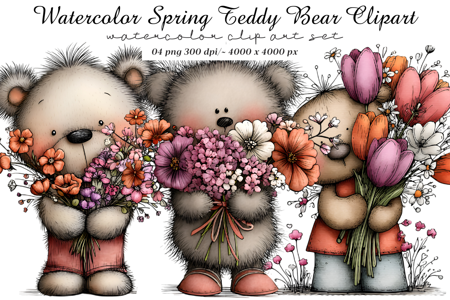 Watercolor Spring Teddy Bear Clipart product image 1