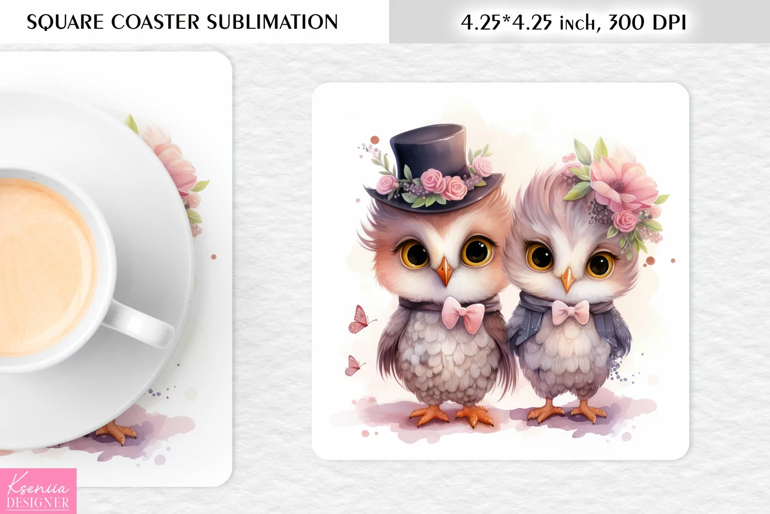 Cute Watercolor Owl| Square Coaster Sublimation product image 1