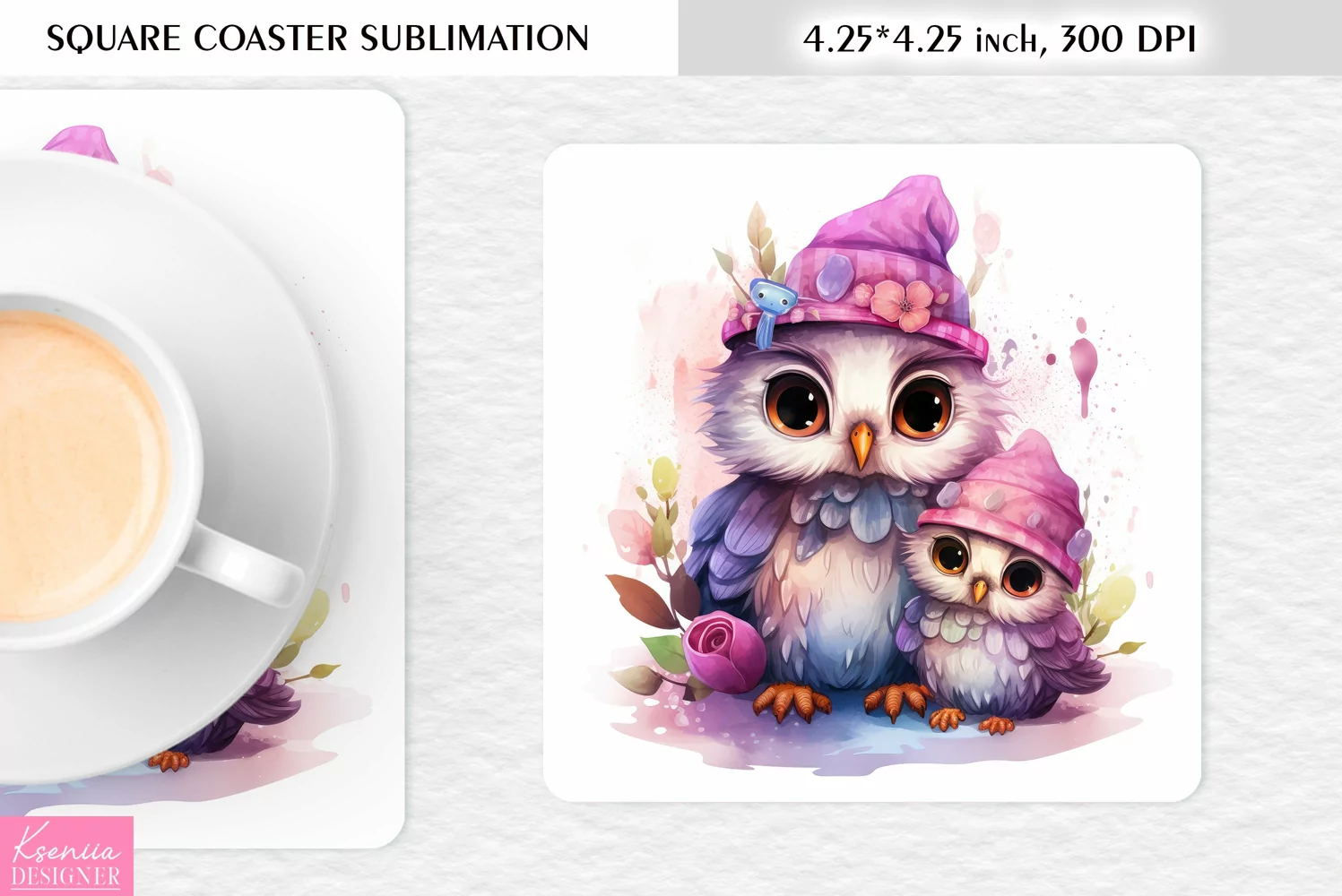 Cute Watercolor Owl| Square Coaster Sublimation product image 1