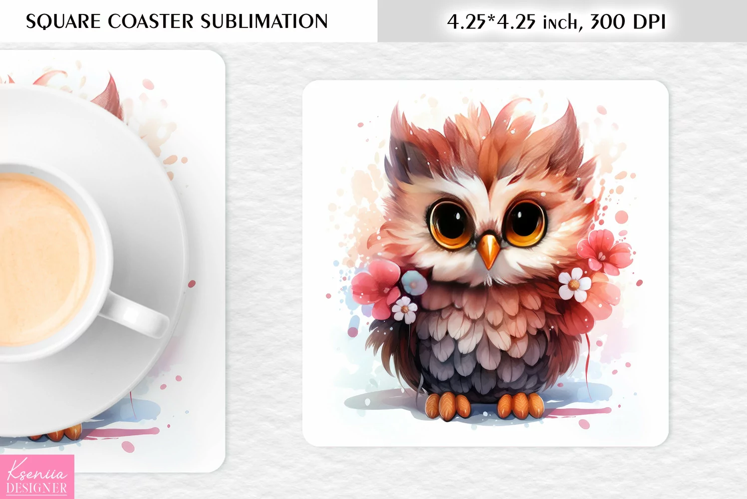 Cute Watercolor Owl| Square Coaster Sublimation product image 1