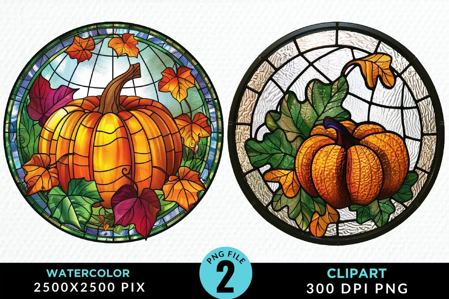 Watercolor Stained Glass Pumpkins Art Clipart product image 1