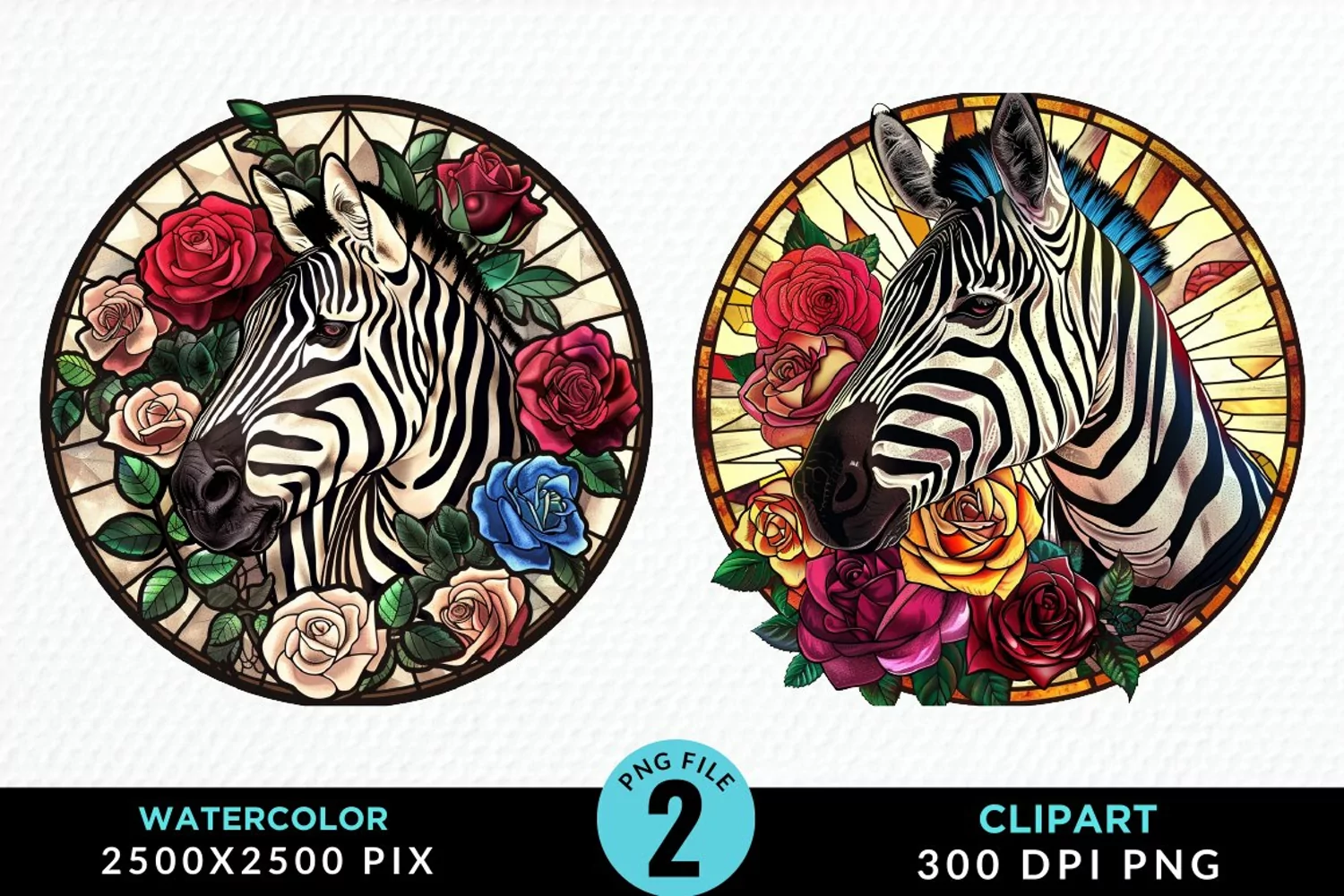 Watercolor Stained Glass Zebra Design Clipart product image 1