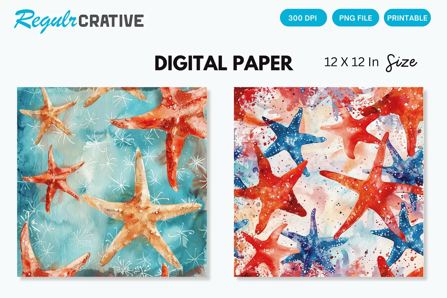 Watercolor Starfish Seamless Digital Paper, Starfish Pattern product image 1