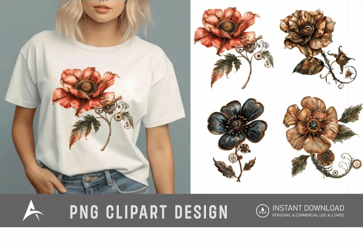 Watercolor Steampunk Flowers Clipart product image 1