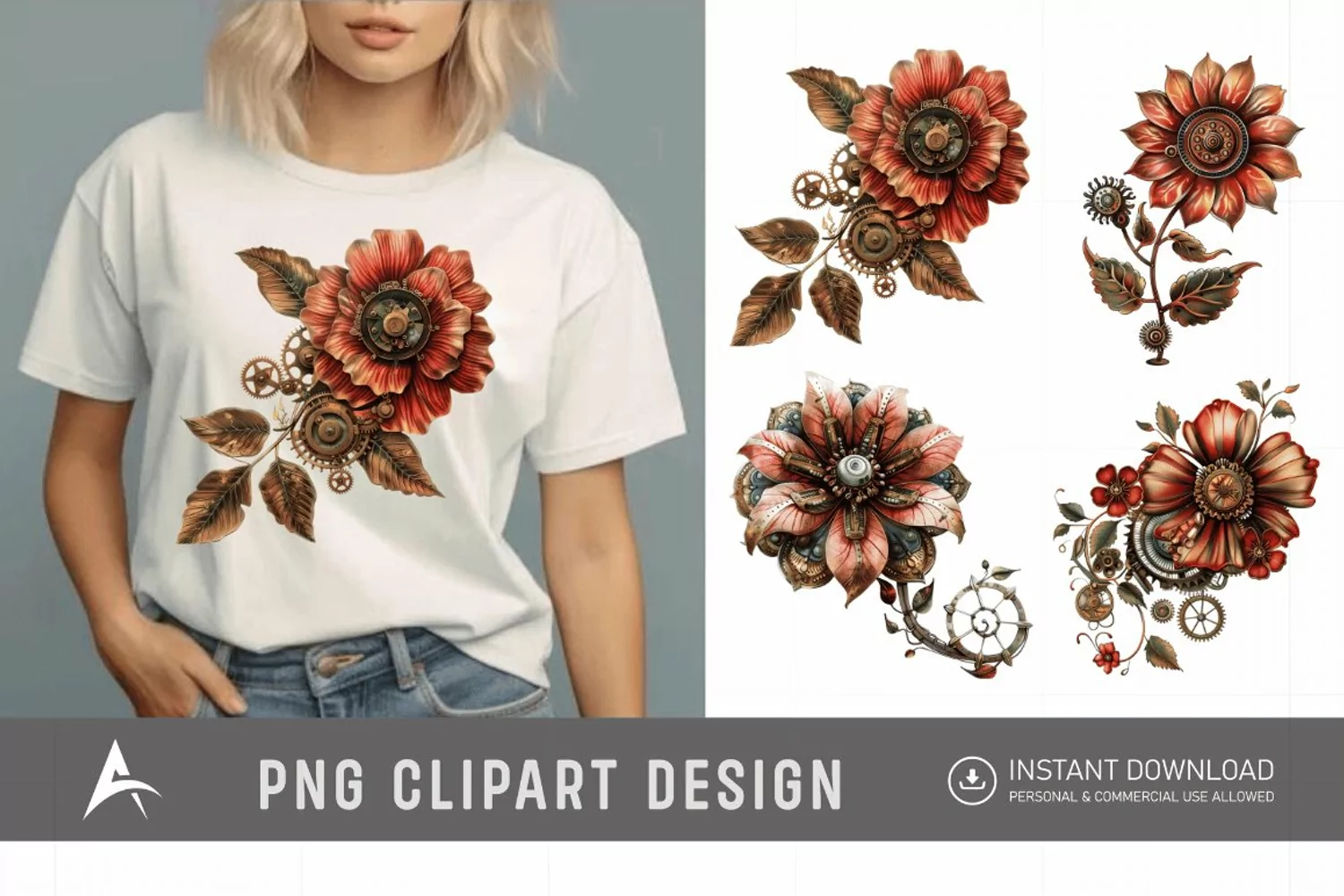 Watercolor Steampunk Flowers Clipart product image 1