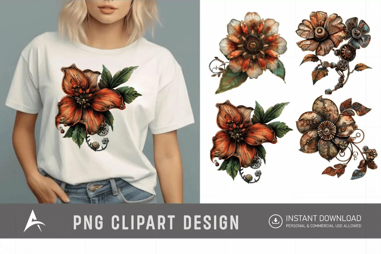 Watercolor Steampunk Flowers Clipart product image 1