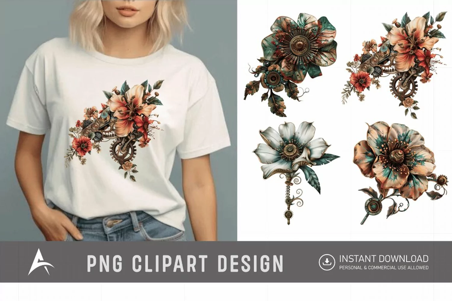 Watercolor Steampunk Flowers Clipart product image 1