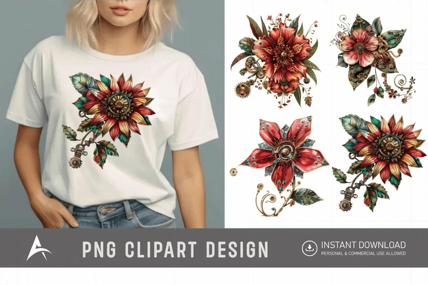 Watercolor Steampunk Flowers Clipart product image 1