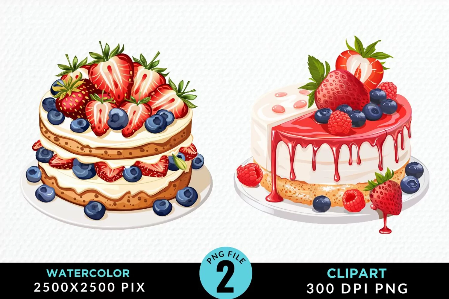 Watercolor Strawberries Dessert Clipart product image 1