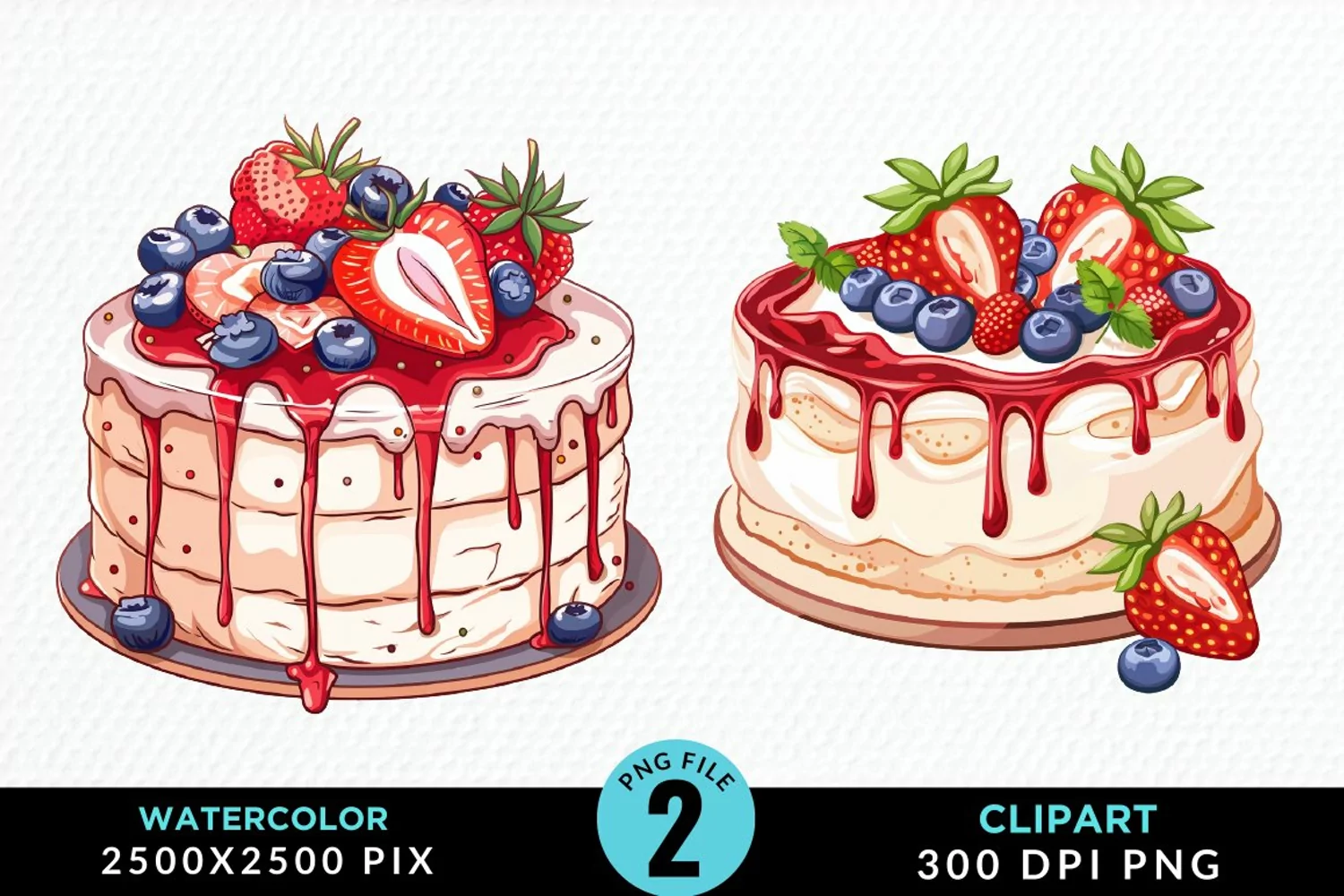 Watercolor Strawberries Dessert Clipart product image 1