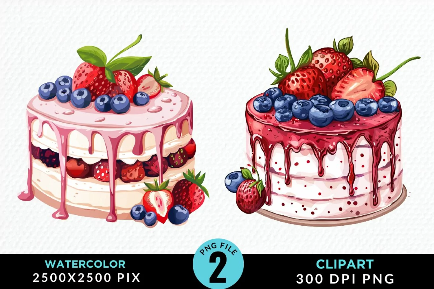 Watercolor Strawberries Dessert Clipart product image 1