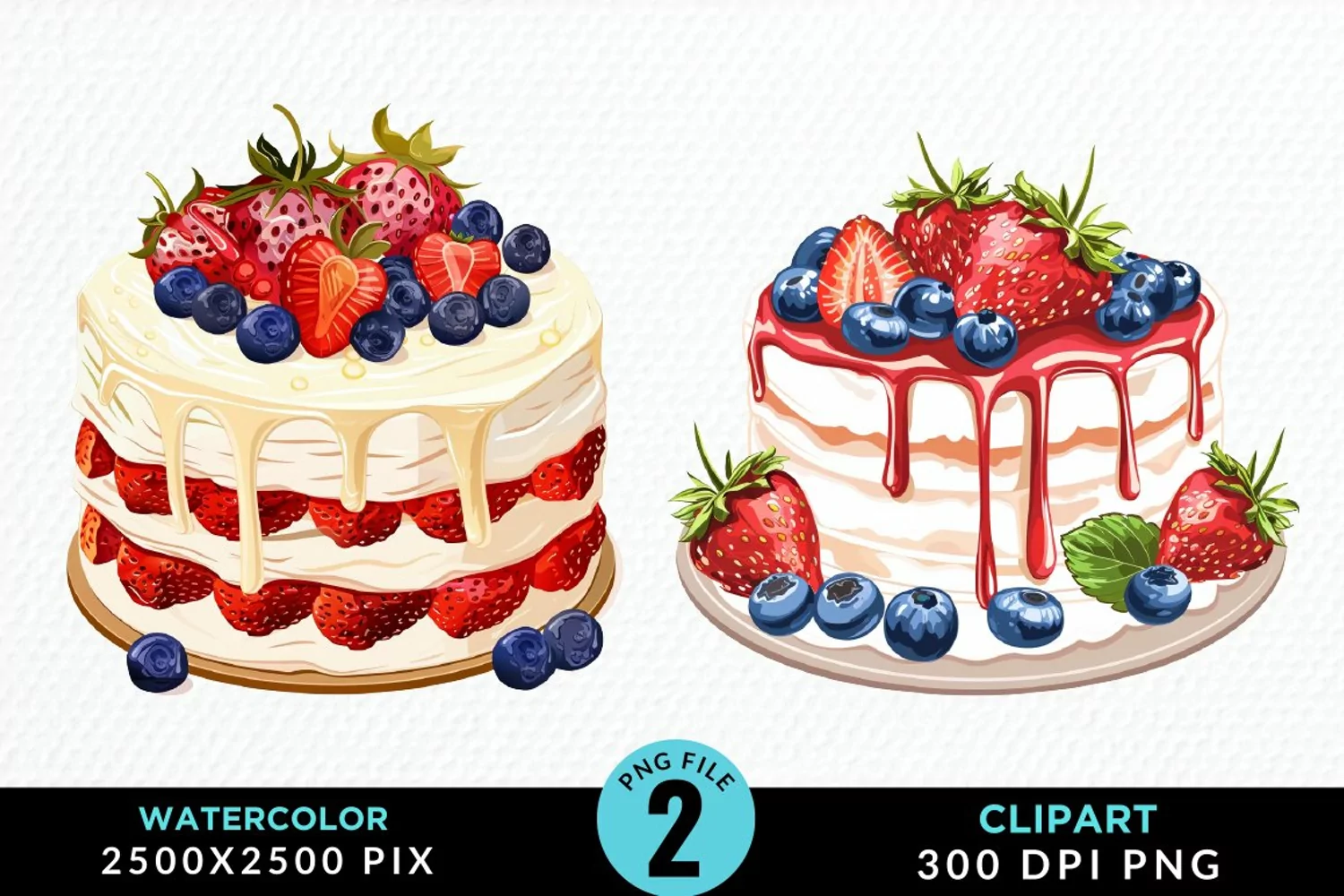 Watercolor Strawberries Dessert Art Clipart product image 1