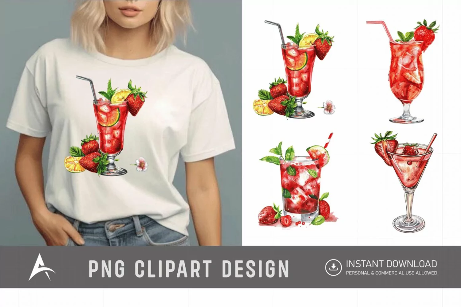 Watercolor Strawberry Cocktail Clipart product image 1