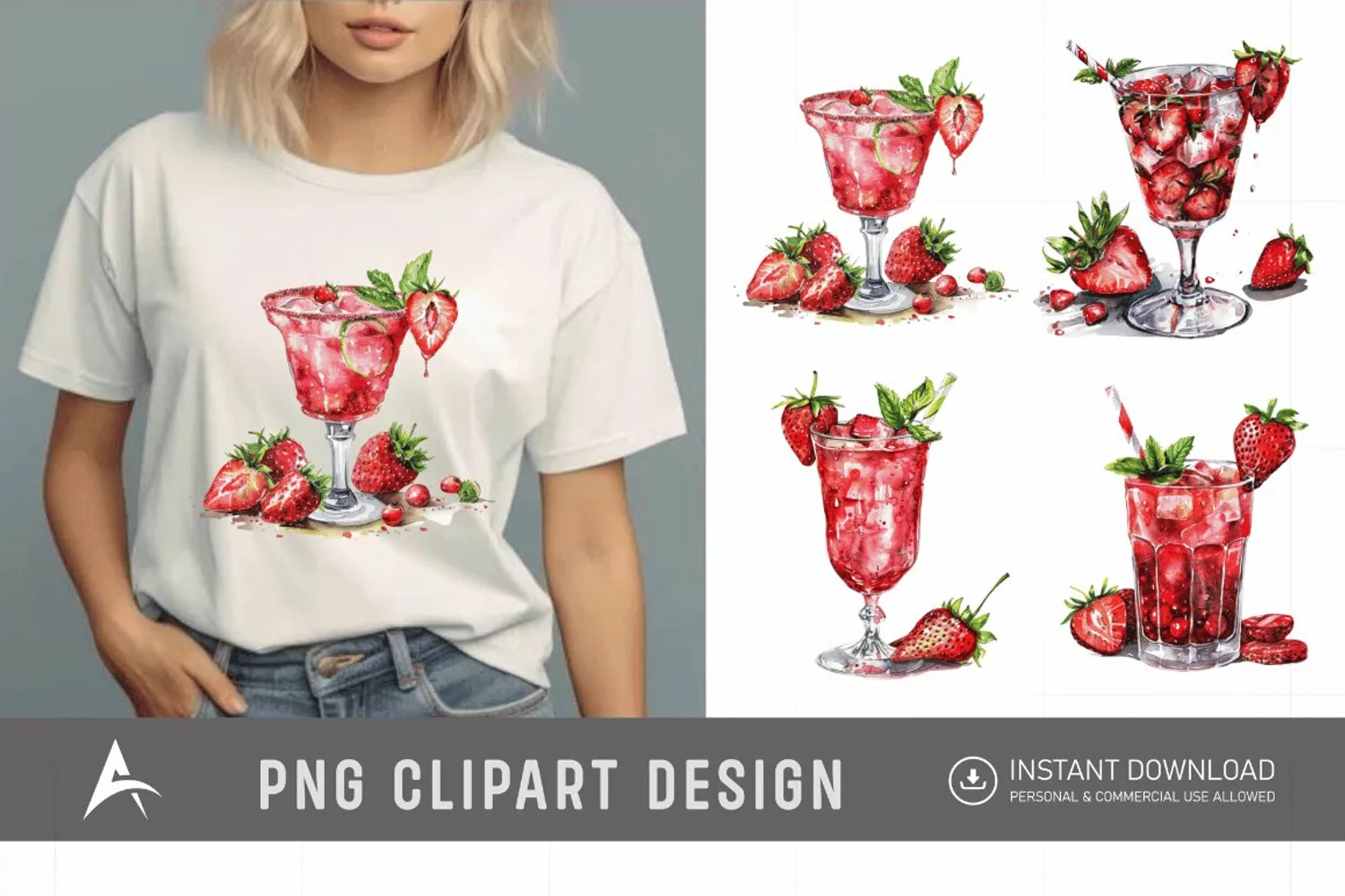 Watercolor Strawberry Cocktail Clipart product image 1