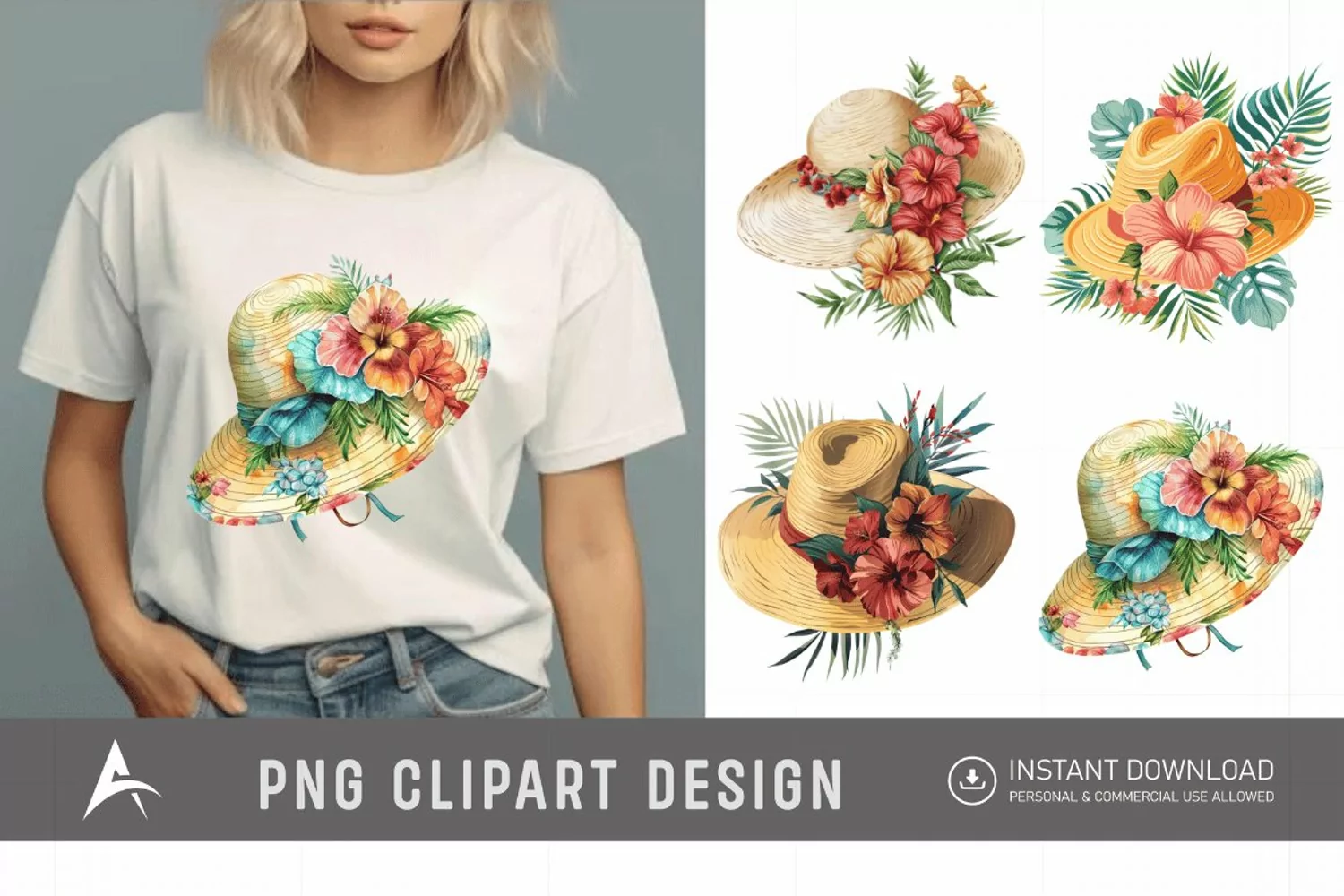 Watercolor Summer Beach floral hat Clipart product image 1
