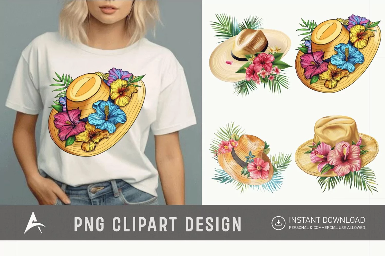 Watercolor Summer Beach floral hat Clipart product image 1