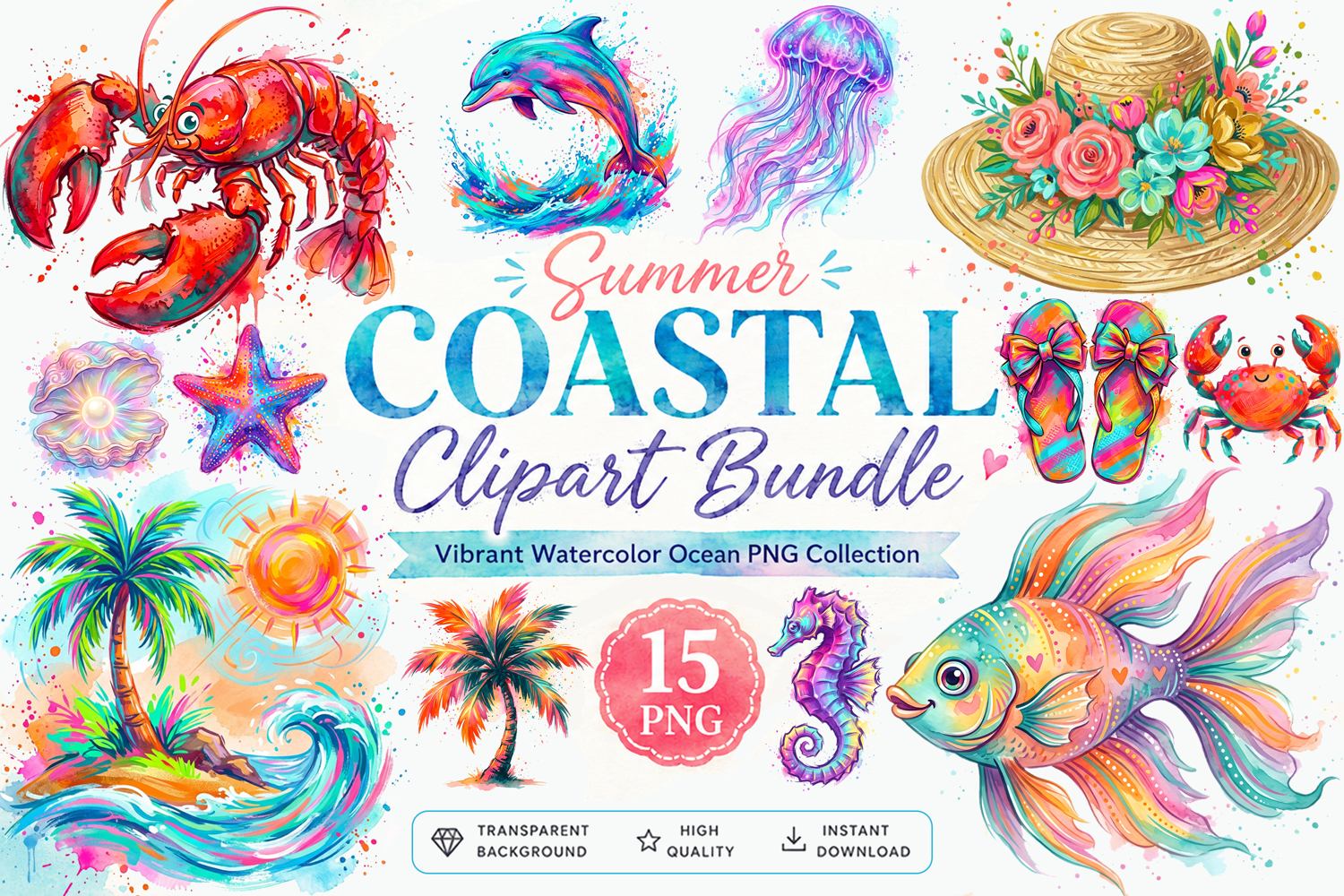 summer coastal clipart, beach clipart, ocean clipart, watercolor clipart, summer png, beach png, ocean png, tropical clipart, sea life clipart, marine animals png, watercolor ocean, seaside clipart, coastal design, beach theme, summer design, vacation cli
