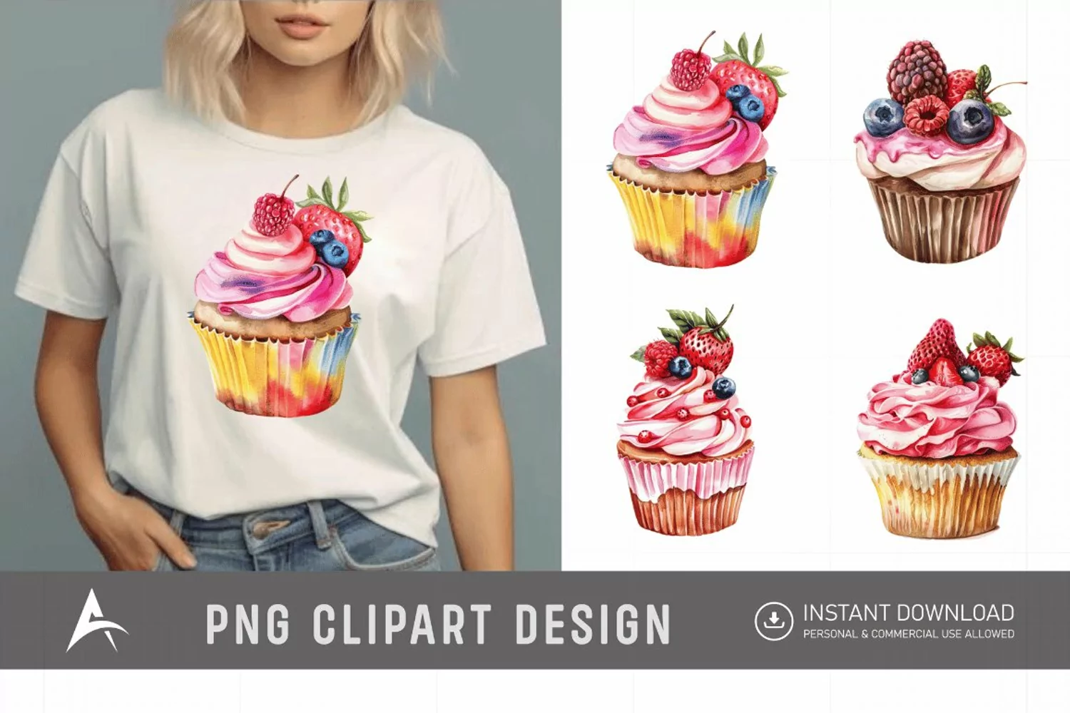 Watercolor Summer Cupcake Clipart product image 1