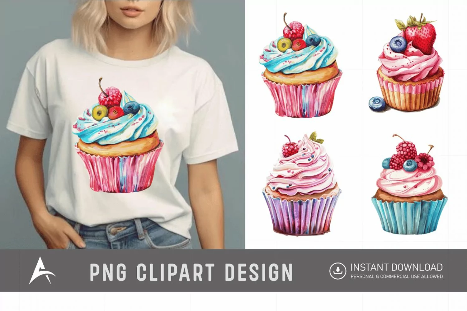 Watercolor Summer Cupcake Clipart product image 1