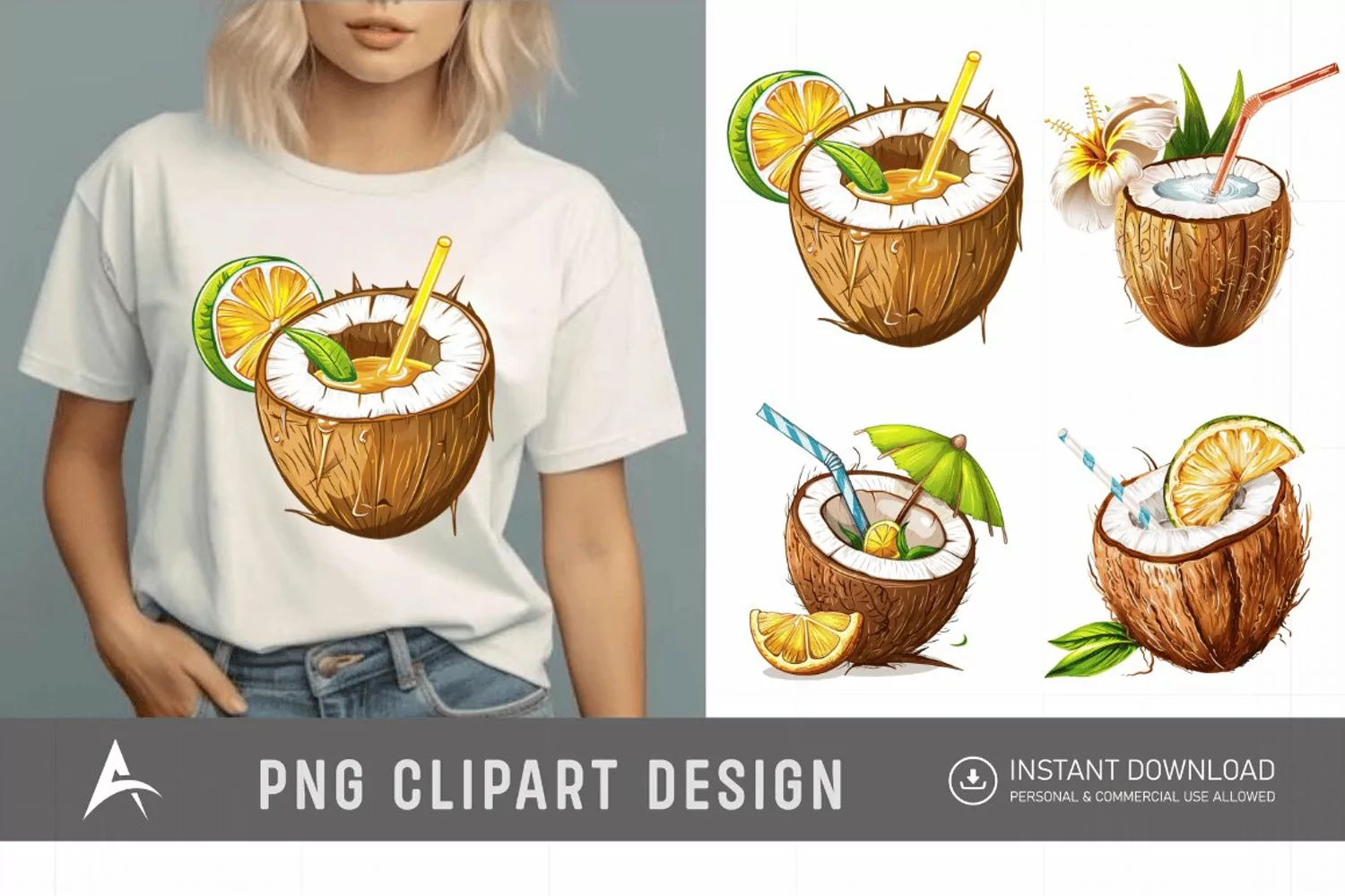 Watercolor Summer Element Coconut Drink Clipart product image 1