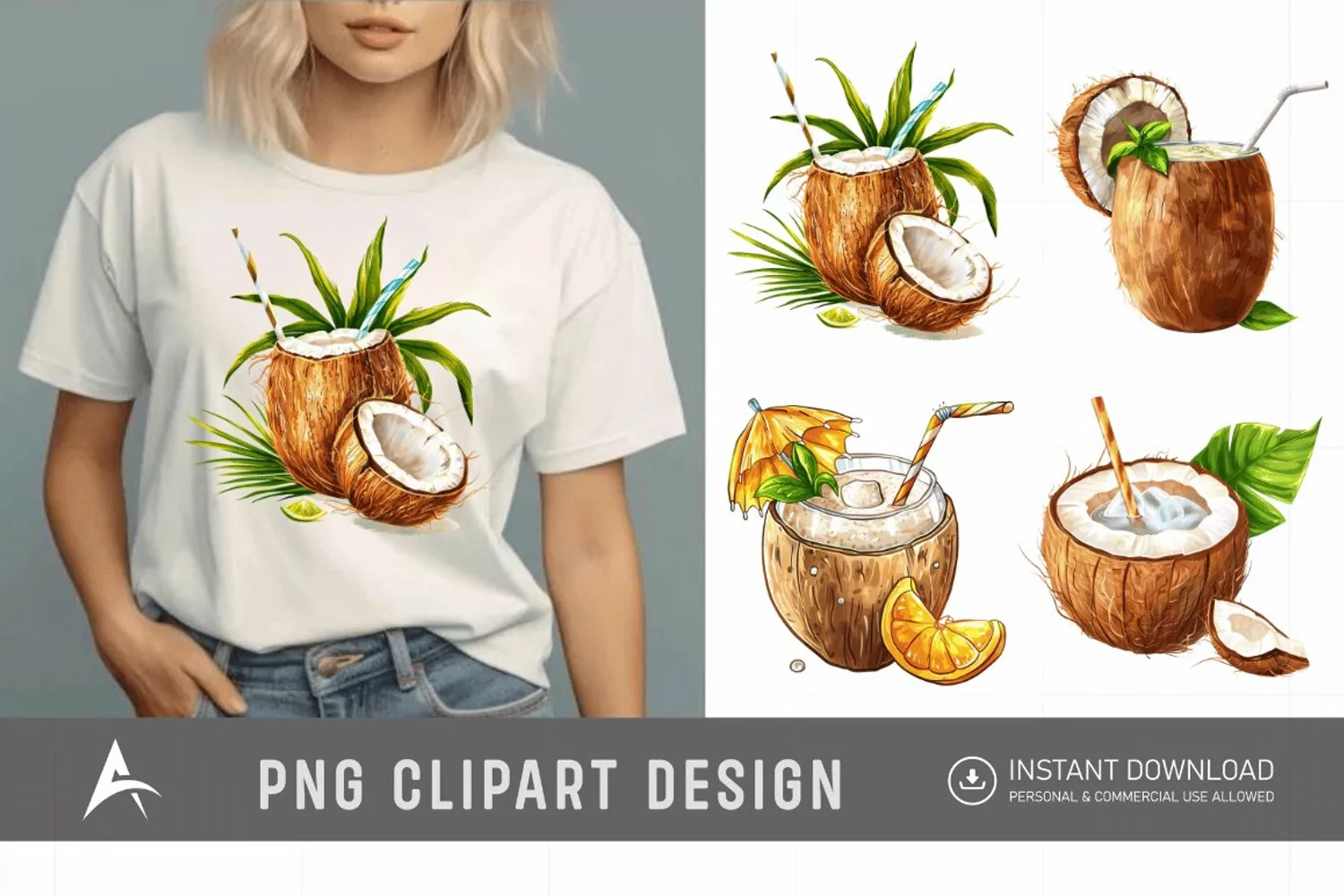 Watercolor Summer Element Coconut Drink Clipart product image 1