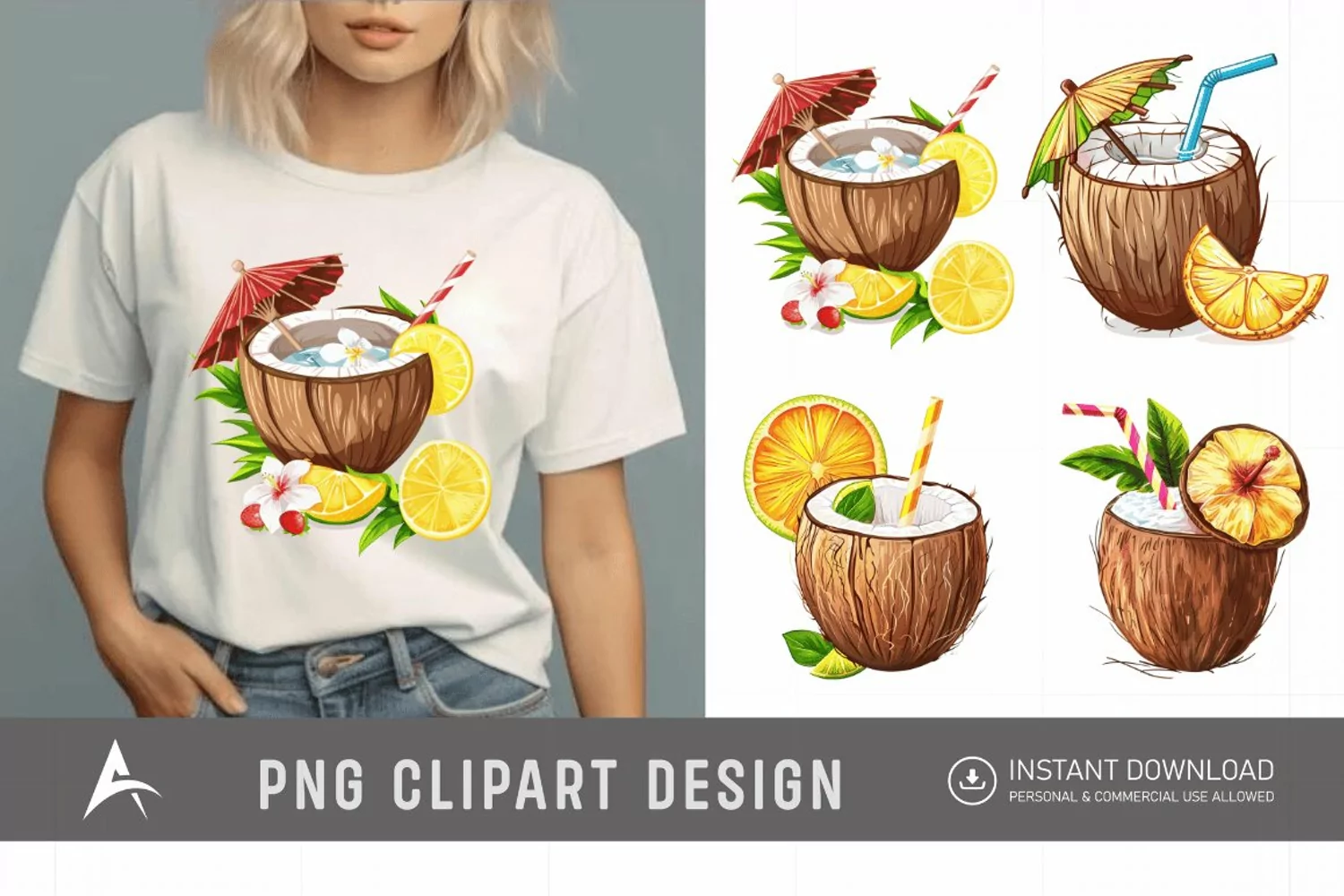 Watercolor Summer Element Coconut Drink Clipart product image 1