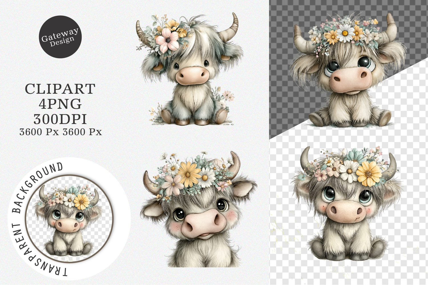 Watercolor Summer Highland Cow Clipart product image 1