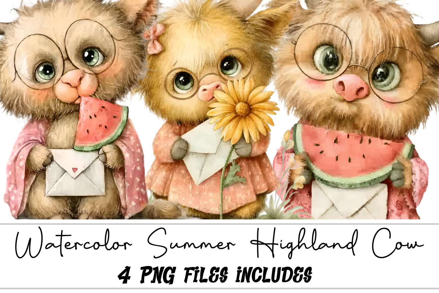 Watercolor Summer Highland Cow Clipart product image 1