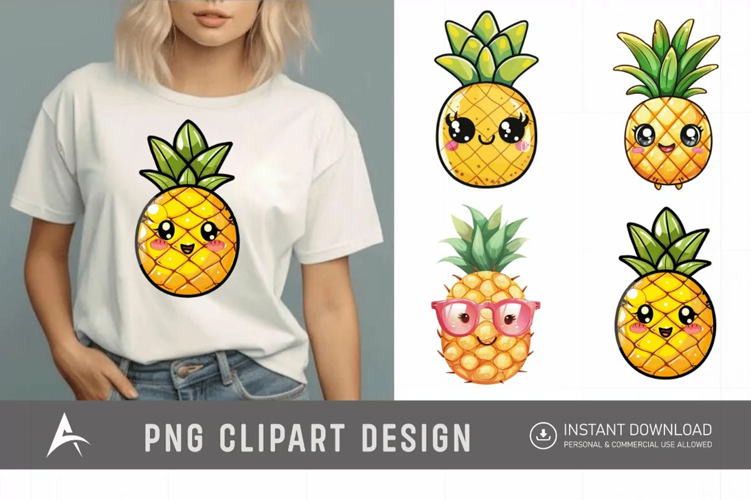 Watercolor Summer Kawaii Pineapple Clipart product image 1