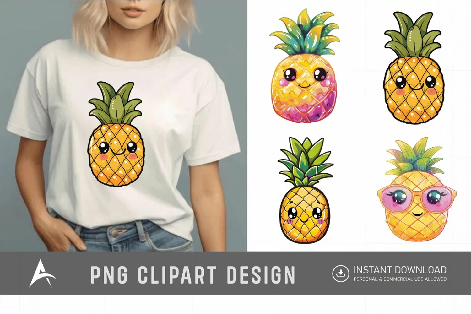 Watercolor Summer Kawaii Pineapple Clipart product image 1
